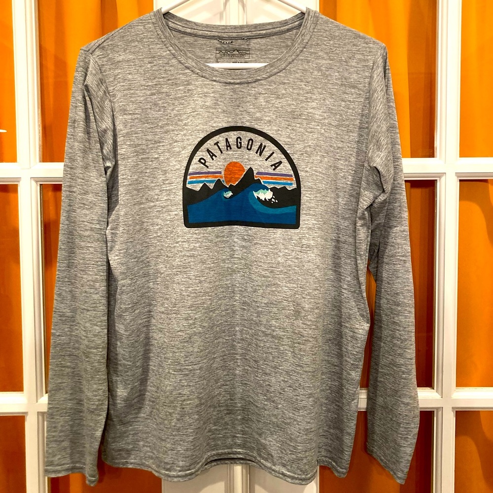 Patagonia capaline gray long sleeved shirt with graphic, women’s large, VGUC
